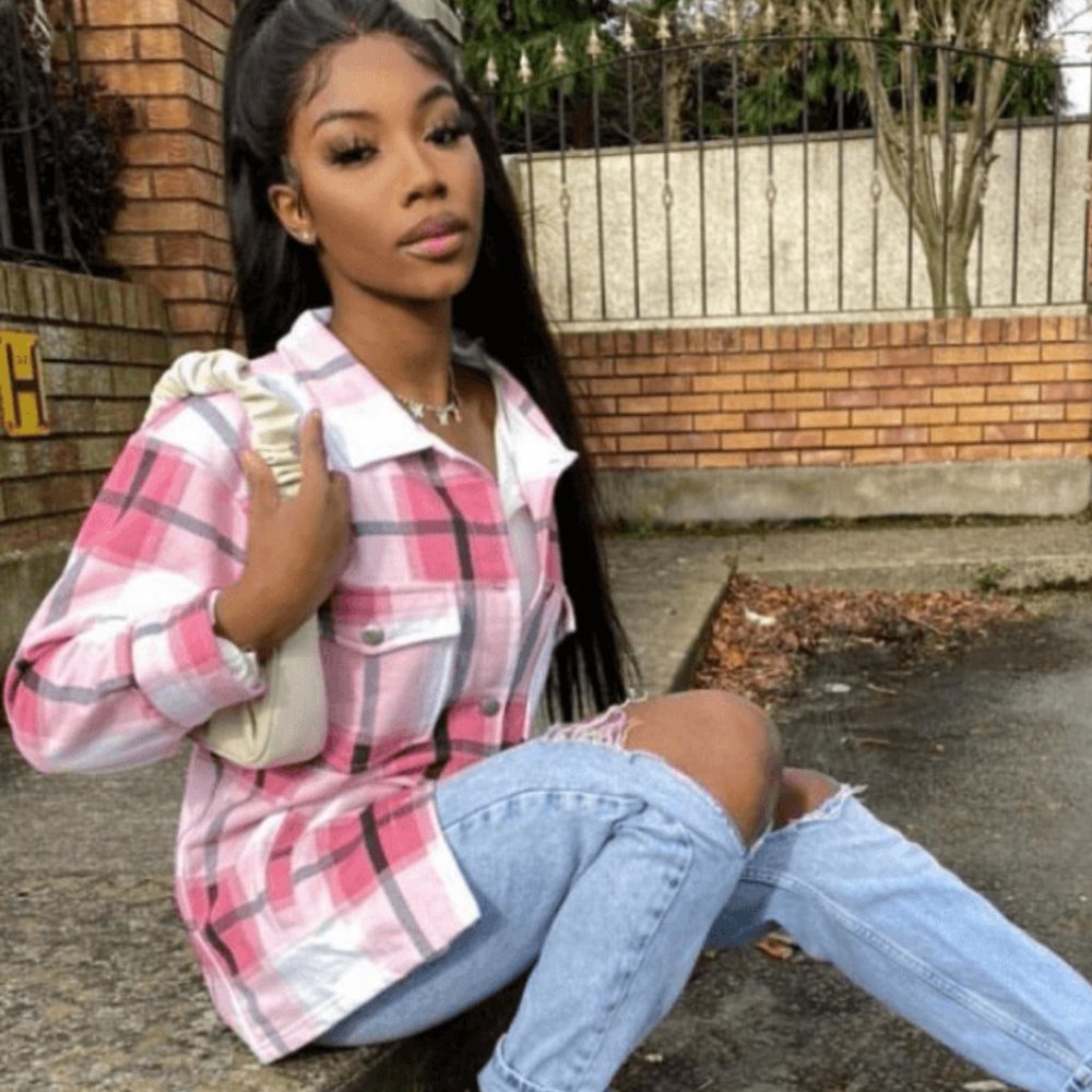 Pink Plaid Check Long Sleeve Loose Fit Shacket Shirt Jacket - Picture 11 of 12